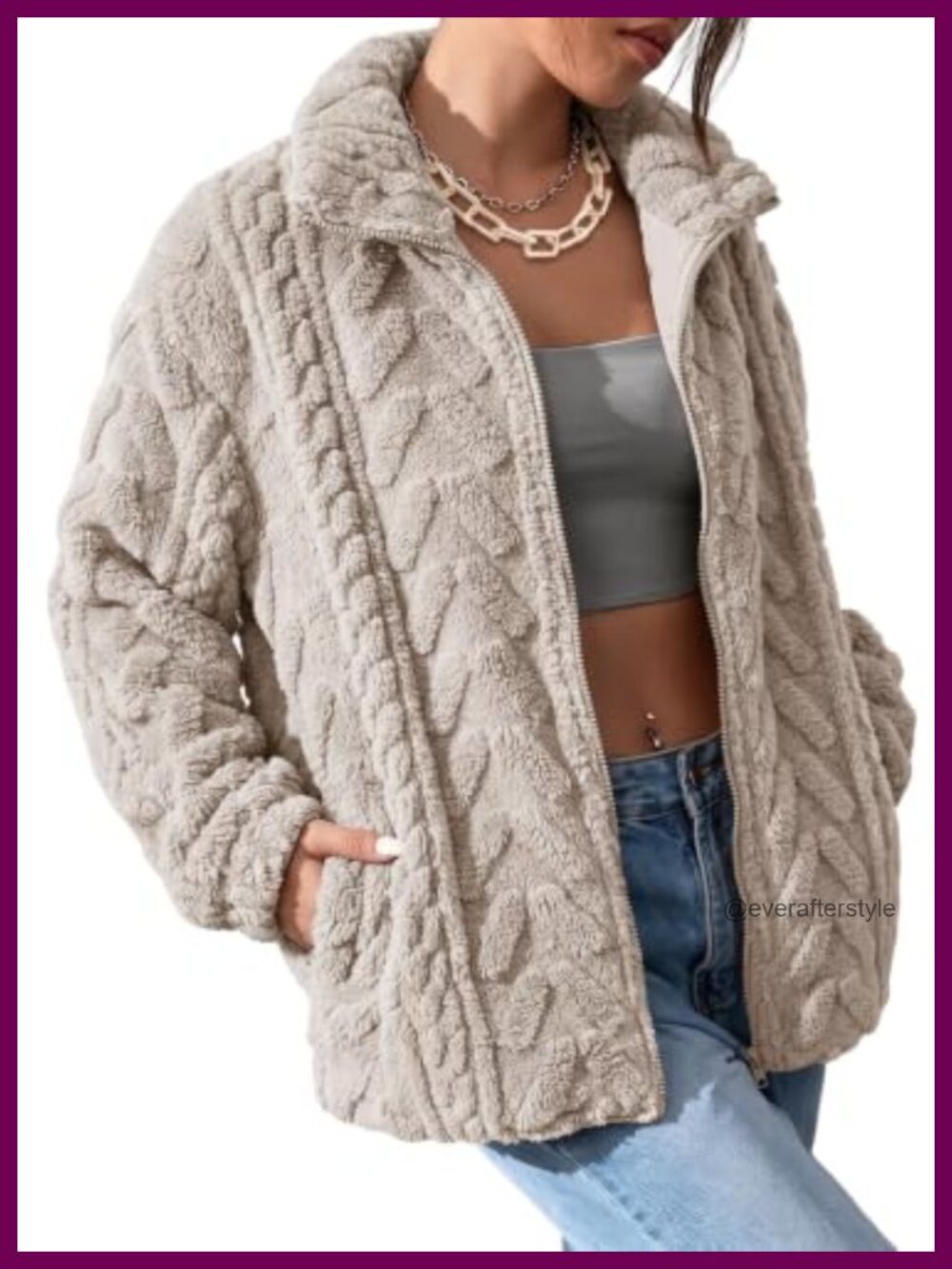 Womens Fleece Zip Up Jacket Oversized Stand Collar Pockets Winter Casual